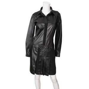 Barbara Bui Leather & Silk Dress Pleated Button Front Long Sleeve Mini Small